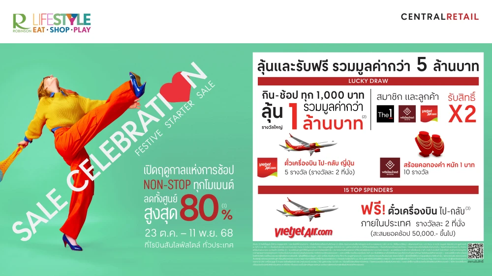 โรบินสันไลฟ์สไตล์ ผนึกกำลังพันธมิตรเปิดฤดูกาลแห่งการช้อป NON-STOP ทุกโมเมนต์กับแคมเปญ “SALE CELEBRATION FESTIVE STARTER SALE” ลดทั้งศูนย์การค้าฯ สูงสุด 80% พร้อมลุ้นรางวัลและรับฟรี! รวมกว่า 5 ล้านบาท ที่โรบินสันไลฟ์สไตล์ทั่วประเทศ