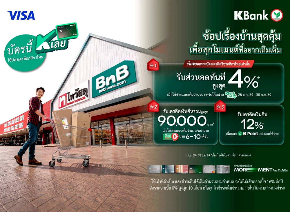 เปลี่ยนทุกแพลนเรื่องบ้านให้ K กว่าเดิม! “ไทวัสดุ และบีเอ็นบี โฮม x ธนาคารกสิกรไทย”  ส่ง “บัตรนี้ K เลย คุ้มทุกโมเมนต์” จัดเต็มทั้งลดทันทีสูงสุด 4%  เครดิตเงินคืนรวมสูงสุด 90,000 บาท และผ่อน 0% ถึงสิ้นปี