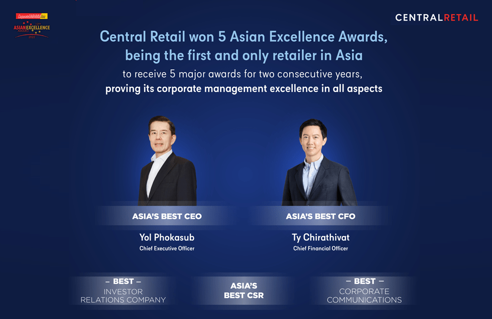 Central Retail, the first and only retailer in Asia, to receive 5 major Asian Excellence Awards 2022 for two consecutive years,  proving its corporate management excellence in all aspects