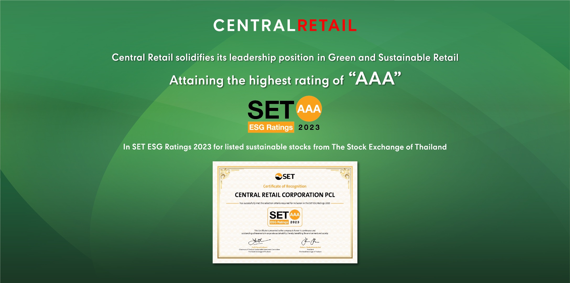 Central Retail attained the highest tier of “AAA” in the SET ESG Ratings 2023